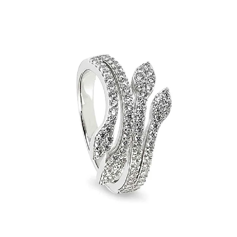 Women’s engagement rings with delicate details-Leaf Women's Sterling Silver Ring with Simulated Diamonds