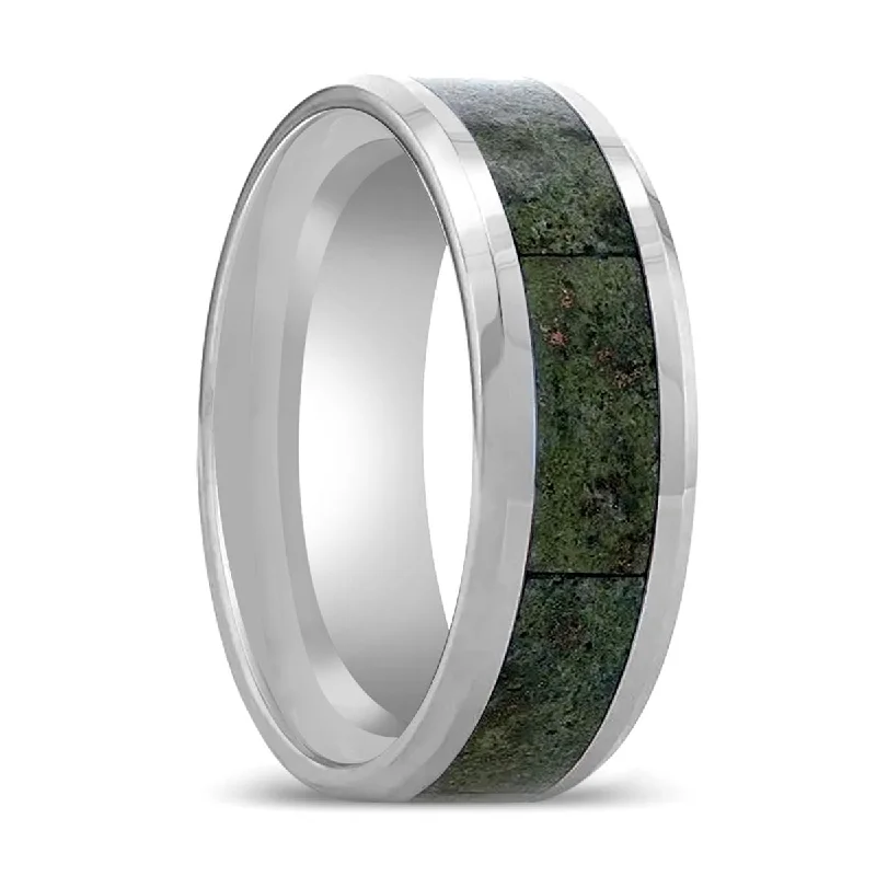 Women’s infinity ring-LIBERTY | Tungsten Ring, Green Copper Conglomerate Inlay, Beveled Edges