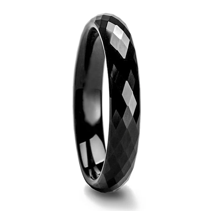 Women’s engagement rings with emerald accents-Diamond Faceted Black Tungsten Women's Wedding Band