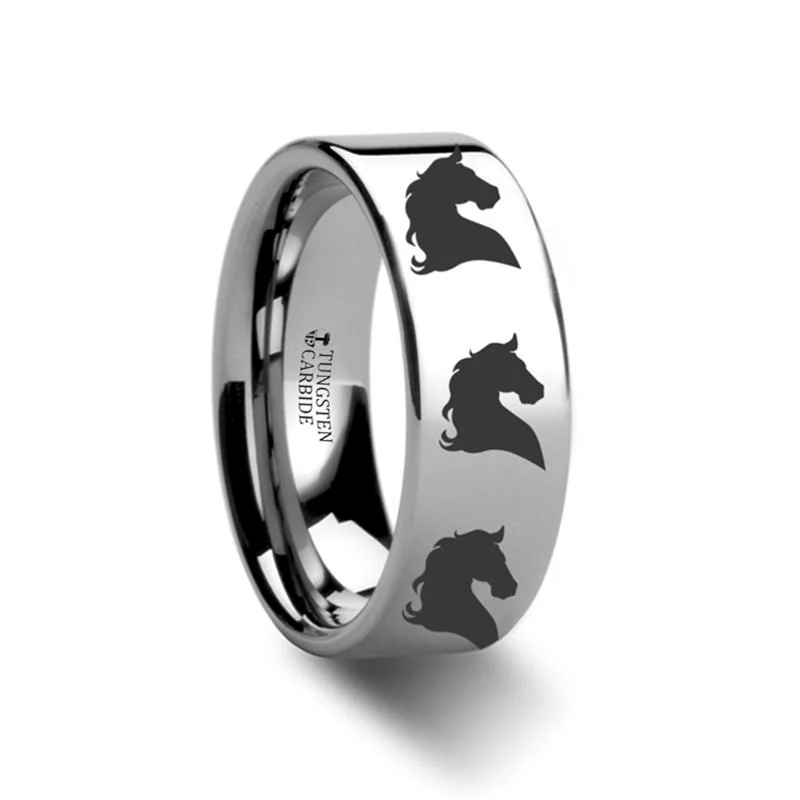 Women’s bold statement ring-Horse Head Print Laser Engraved Flat Polished Tungsten Couple Matching Ring - 4MM - 12MM