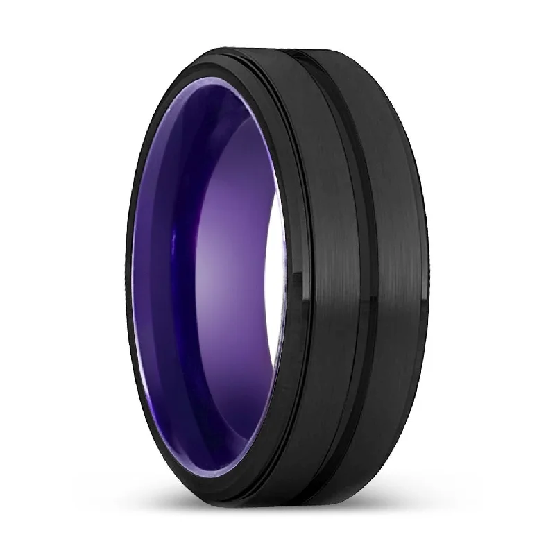 Women’s radiant-cut ring-REX | Purple Ring, Black Tungsten Ring, Grooved, Stepped Edge