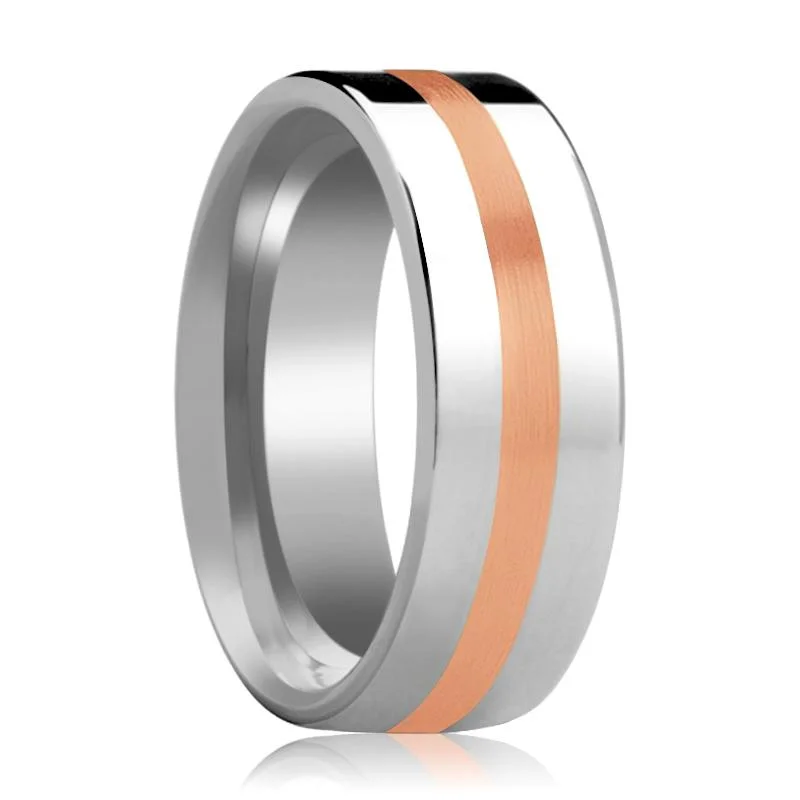 Women’s bold gemstone ring-CERBERUS | Silver Tungsten Ring, 14k Rose Gold Stripe, Flat