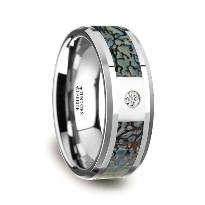 Women’s engagement rings with center stones-Tungsten Men's Wedding Band with Blue Dinosaur Bone Inlay & Diamond