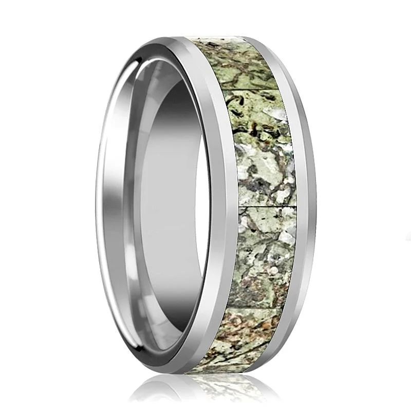 Women’s geometric ring-TARGARYEN | Silver Tungsten Ring, Light Green Dinosaur Bone Inlay, Beveled