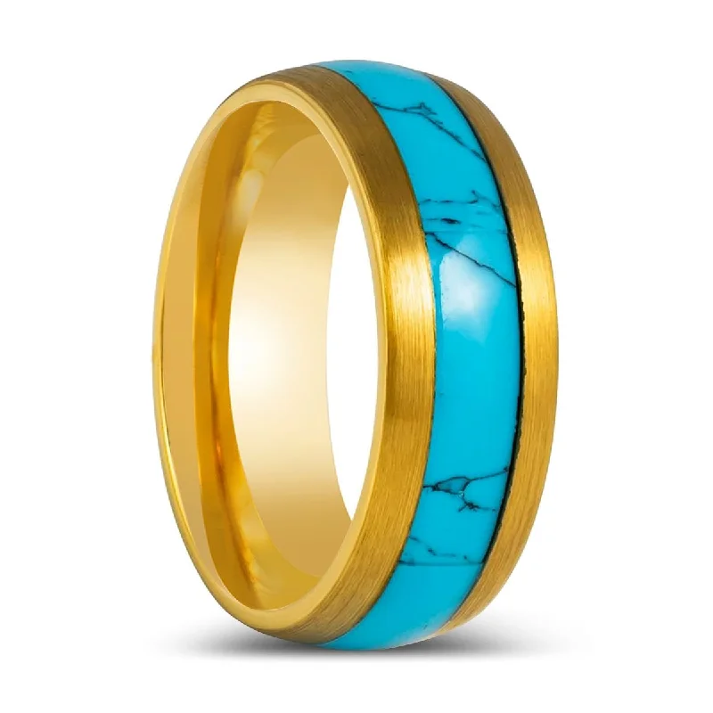 Women’s stacked diamond rings-CYANITE | Yellow Gold Ring, Domed Ring, Blue Turquoise Inlay