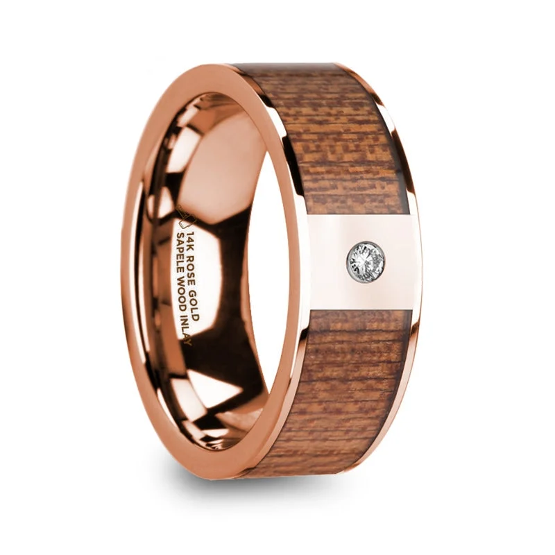 Women’s simple engagement rings-14k Rose Gold Men's Wedding Band with Sapele Wood Inlay & Diamond