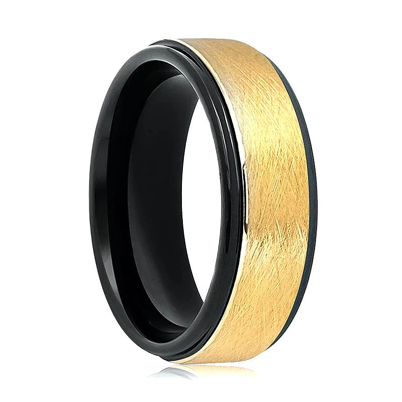 Women’s simple gold ring-REBECK | Black Tungsten Ring, Gold Wire Brushed, Stepped Edge