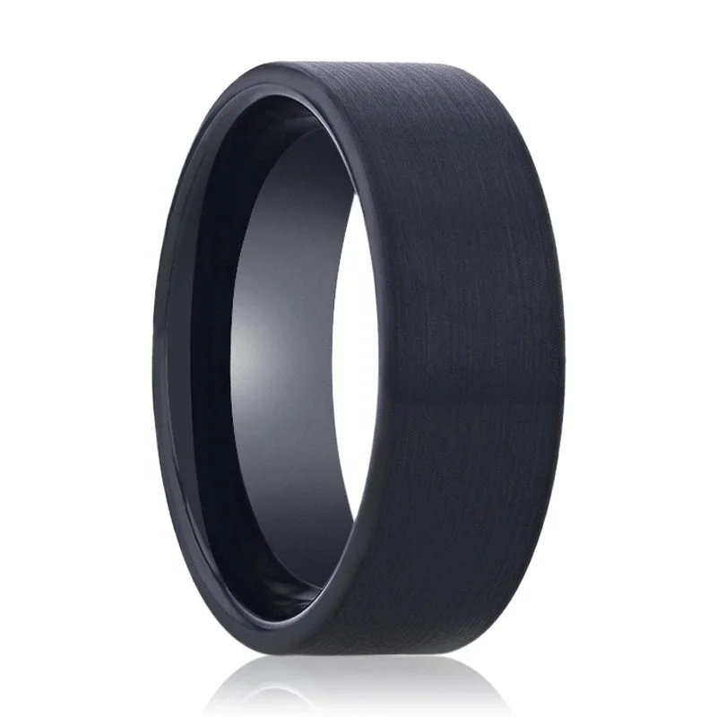 Women’s bridal ring-BULLET - Tungsten Ring Black Brushed Flat