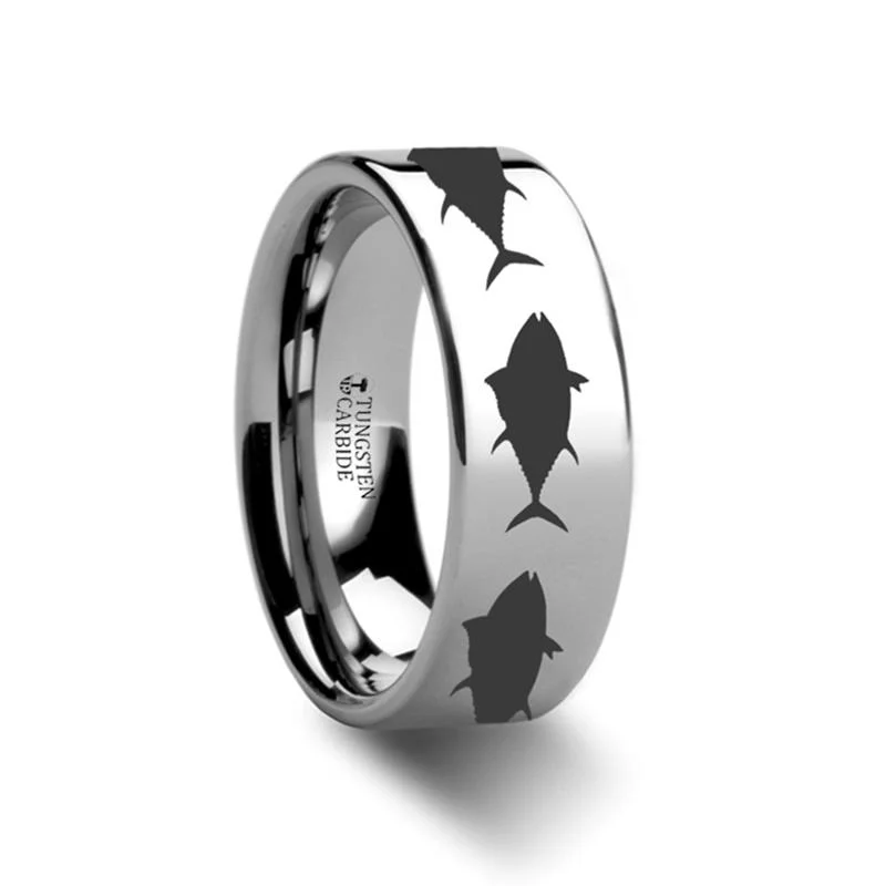 Women’s classic diamond ring-Sea Pattern Print Tuna Fish Jumping Laser Engraved Flat Tungsten Wedding Ring for Men and Women - 4MM - 12MM