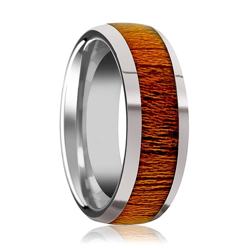 Women’s cushion-cut ring-SWIETENIA | Silver Tungsten Ring, Mahogany Wood Inlay, Domed