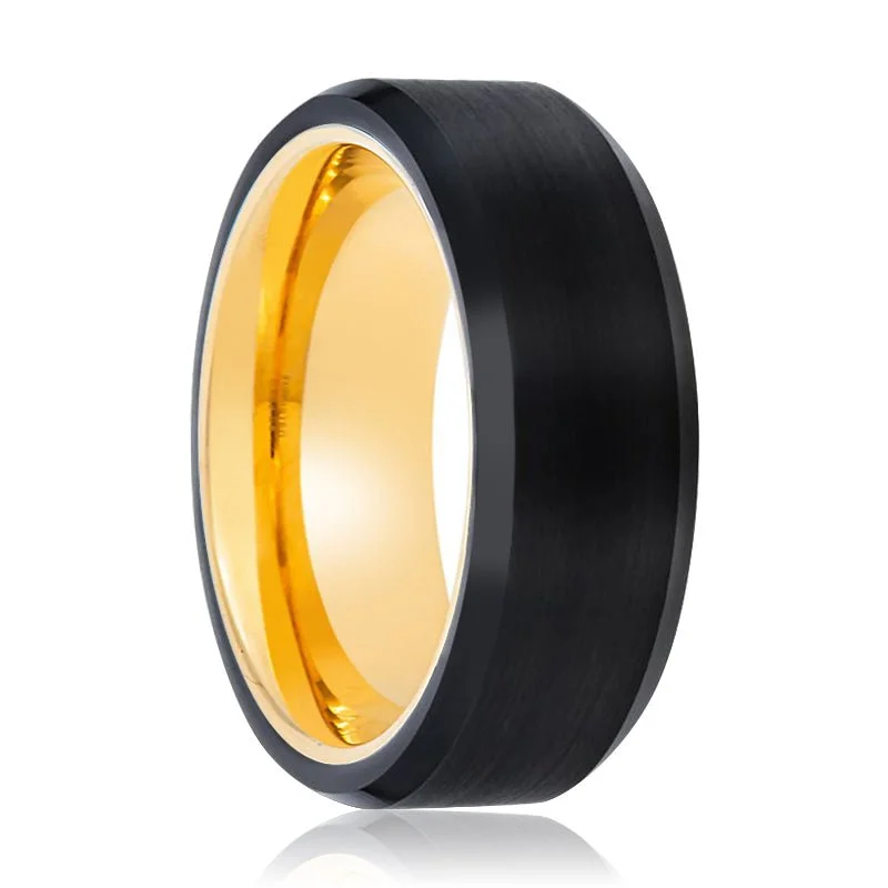 Women’s engagement ring-FLEUR | Gold Ring, Black Tungsten Ring, Brushed, Beveled