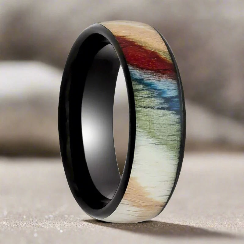 Women’s emerald ring-IRONBARK | Black Tungsten Ring, Colorful Dyed Rosewood Inlay