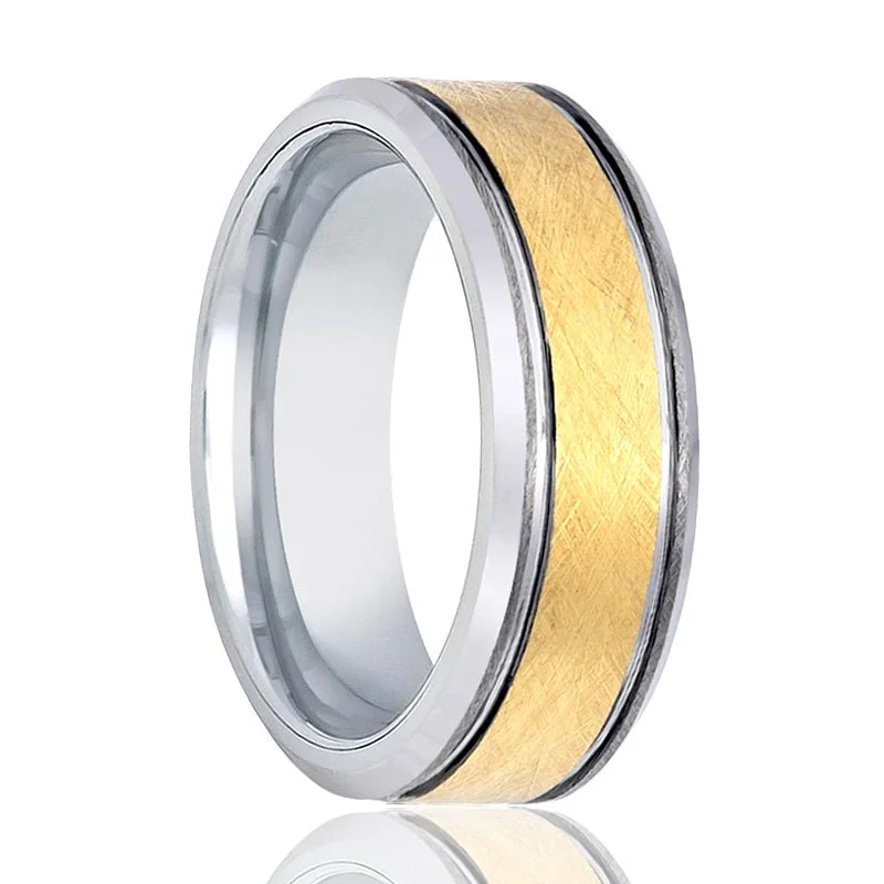 Women’s designer ring-Yellow Gold Ring with Wire Brushed Finished Center High Polished stepped Edge