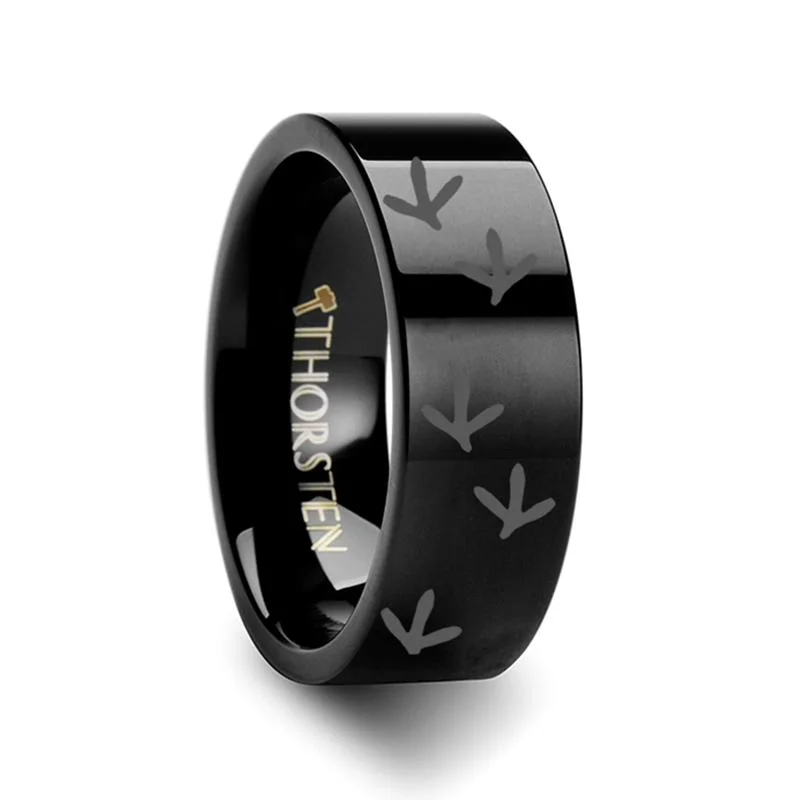 Women’s designer ring-Laser Engraved Black Tungsten Wedding Ring for Men and Women with Quail Bird Track Print - 4MM - 12MM