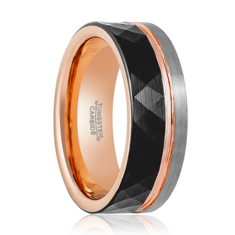 Women’s minimalist diamond ring-GUSTAVO | Rose Gold Tungsten Ring, Black Faceted, Flat