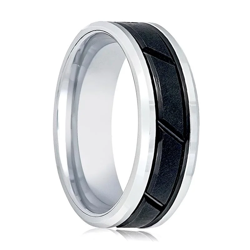 Women’s promise ring-Two Tone Tungsten Wedding Band for Men with Black Diagonal Grooved Center and Silver Beveled Edges - 8MM