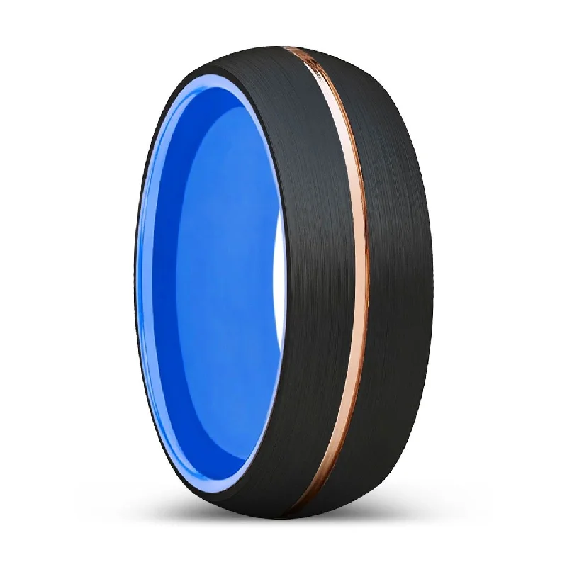 Women’s emerald ring-LYCAN | Blue Ring, Black Tungsten Ring, Rose Gold Groove, Domed