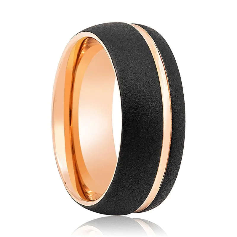 Women’s engraved ring-ARGENT | Rose Gold Tungsten Ring, Rose Gold Off-Center Groove, Domed