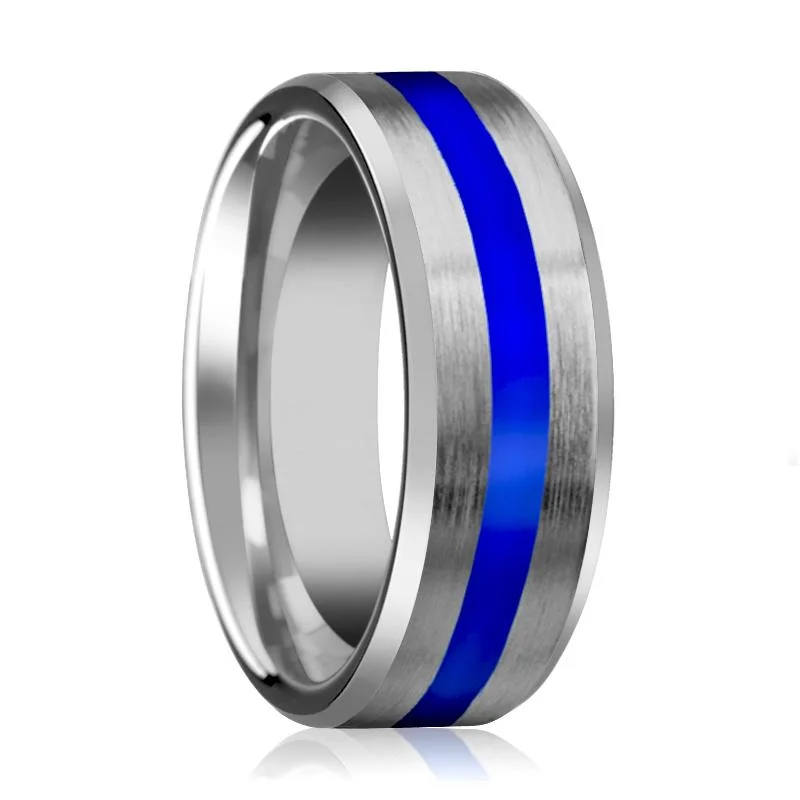 Women’s diamond ring-Tungsten Wedding Band for Men with Blue Stripe Inlay & Beveled Edges Polished Finish - 8MM