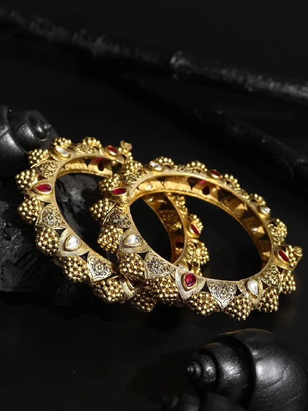 Women’s link bracelet-Priyaasi Women Ruby Kundan Gold Plated Set of 2 Bangle Set