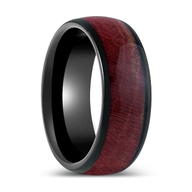 Women’s romantic ring-MATHAIOS | Black Tungsten Ring, Burgundy Solidified Wood, Domed