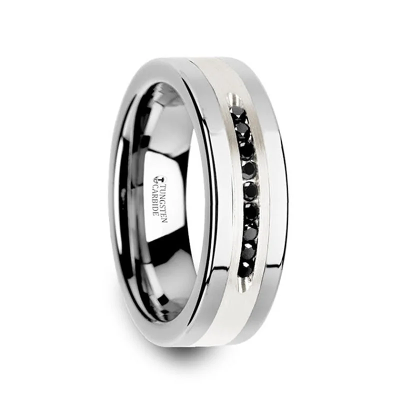 Women’s sapphire engagement rings-Tungsten Men's Wedding Band with Silver Inlay & 9 Black Diamonds