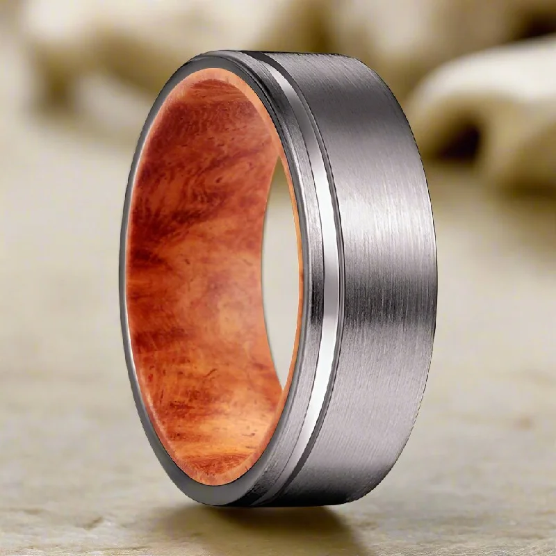 Women’s silver plated ring-ADAR | Red Burl Wood, Gunmetal Tungsten Offset Groove