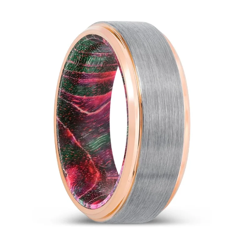 Women’s aquamarine ring-BICKS | Green & Red Wood, Silver Tungsten Ring, Brushed, Rose Gold Stepped Edge