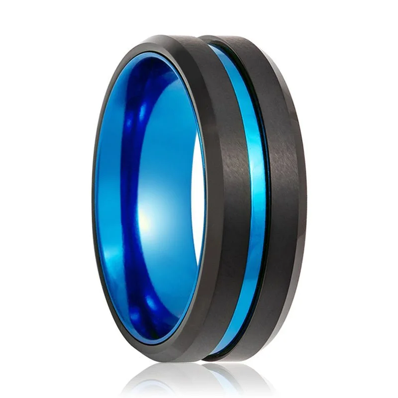 Women’s side-stone ring-LELRA | Blue Tungsten Ring, Blue Groove, Beveled