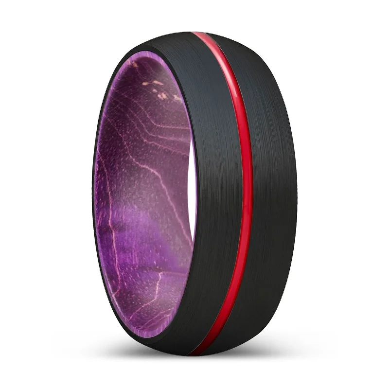 Women’s stacked diamond rings-RAGE | Purple Wood, Black Tungsten Ring, Red Groove, Domed