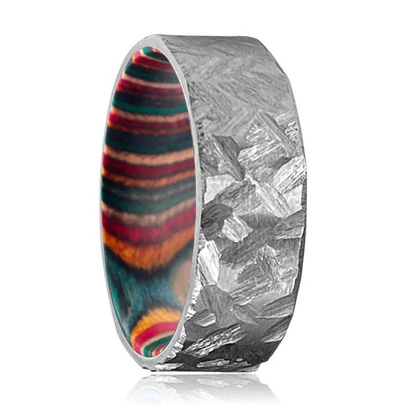 Women’s bold statement ring-VIRAGE | Multi Color Wood, Silver Titanium Ring, Hammered, Flat