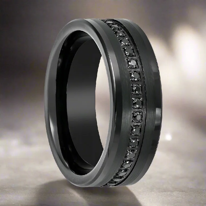 Women’s birthstone ring-APODIS | Black Tungsten Ring, Black Sapphire Stone, Flat