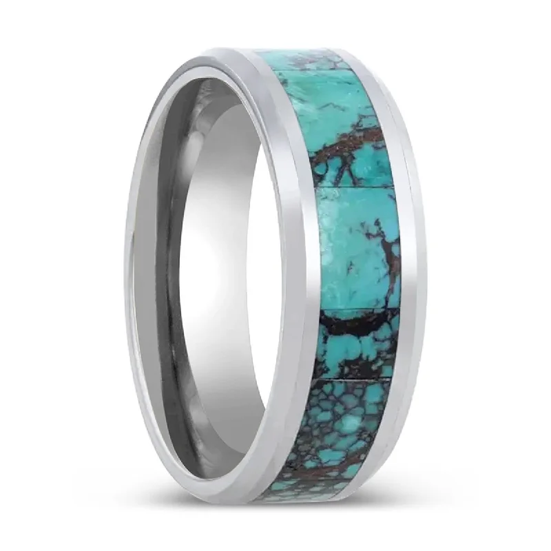 Women’s solitaire ring-TURKIS | Tungsten Ring, Turquoise Spider, Beveled Polished Edges