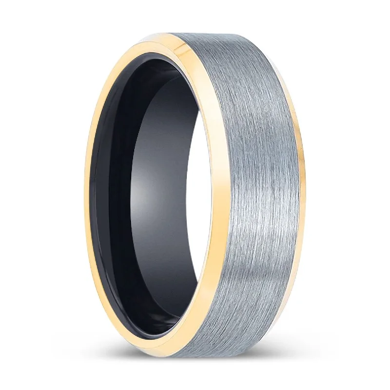 Women’s marquise ring-CROW | Black Ring, Brushed, Silver Tungsten Ring, Gold Beveled Edges