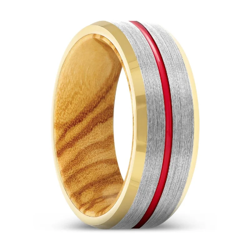 Women’s yellow gold ring-BRASH | Olive Wood, Silver Tungsten Ring, Red Groove, Gold Beveled Edge