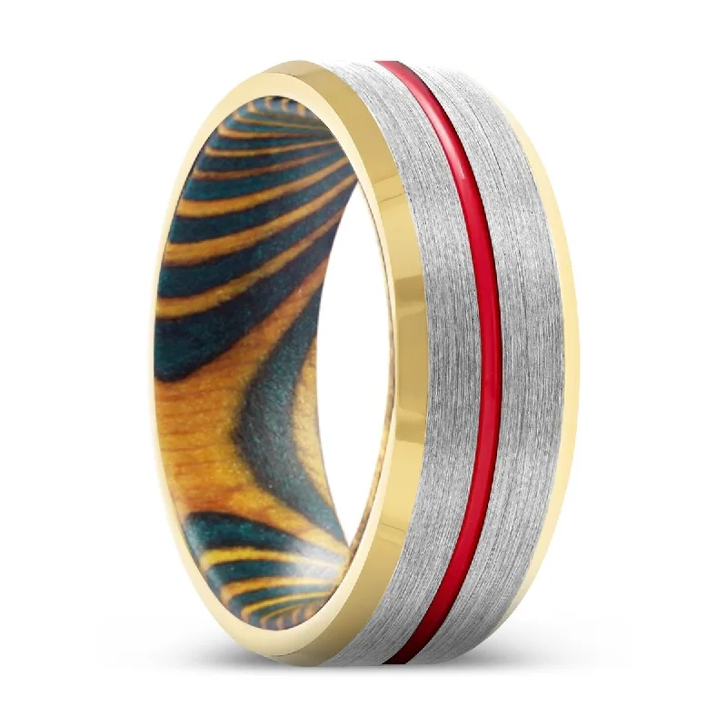 Women’s minimalist diamond ring-TWISTER | Green and Yellow Wood, Silver Tungsten Ring, Red Groove, Gold Beveled Edge