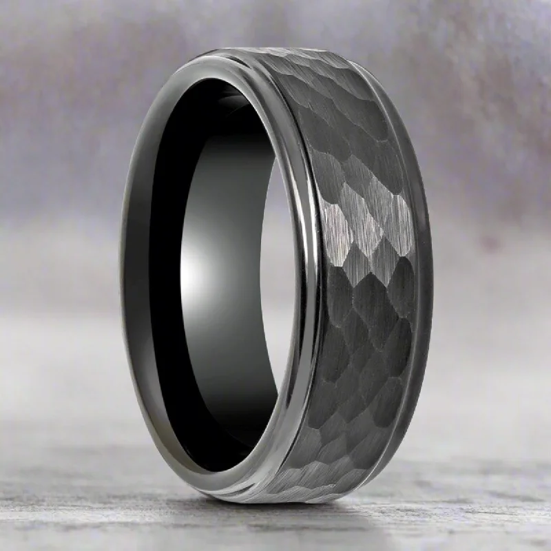 Women’s bohemian gold ring-RUGGED | Gunmetal Tungsten Ring, Hammered, Stepped Edges