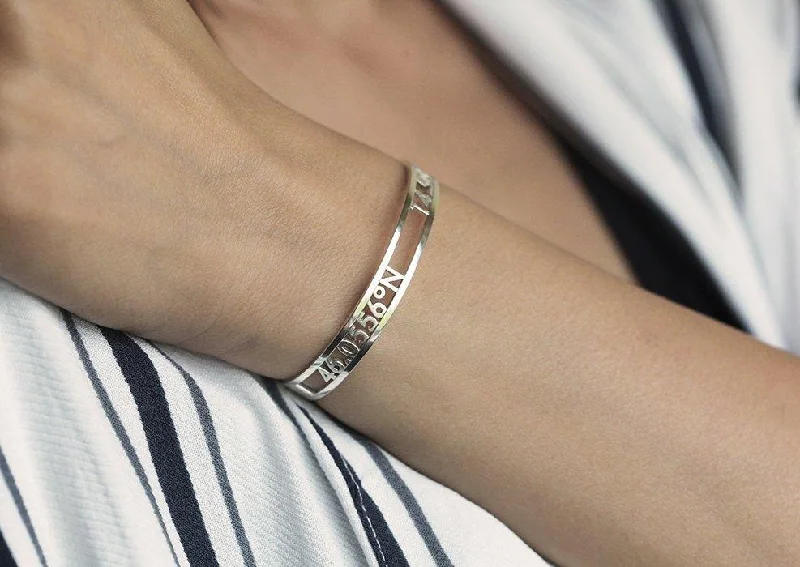 Women’s cuff bracelet-Silver Or Gold Vermeil Bangle W/ Custom Coordinates Or Names