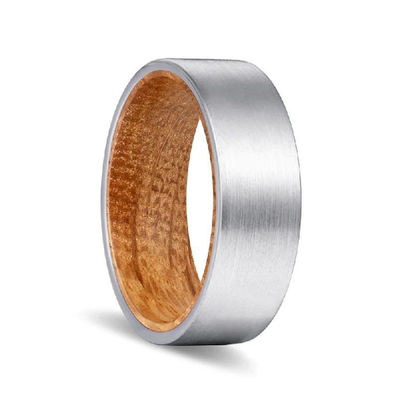 Women’s vintage ring-DALMORE | Whiskey Barrel Wood, Silver Tungsten Ring, Brushed, Flat