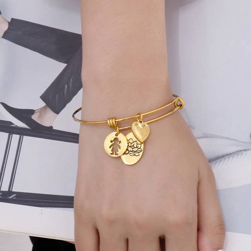 Women’s chunky gold bracelet-Simple Style Heart Shape Flower Titanium Steel Plating Hollow Out Bangle 1 Piece