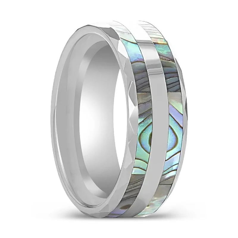 Women’s stackable rings-PAUA | Tungsten Ring, Double Abalone Shell Inlay, Beveled Polished Edges