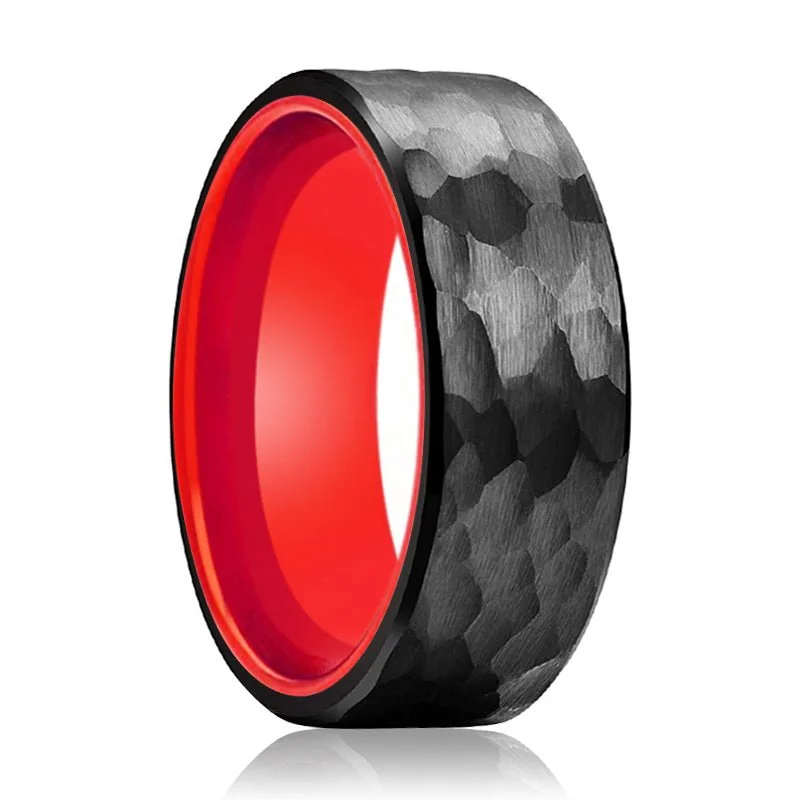 Women’s silver ring-MARS | Red Ring, Black Tungsten Ring, Hammered, Flat