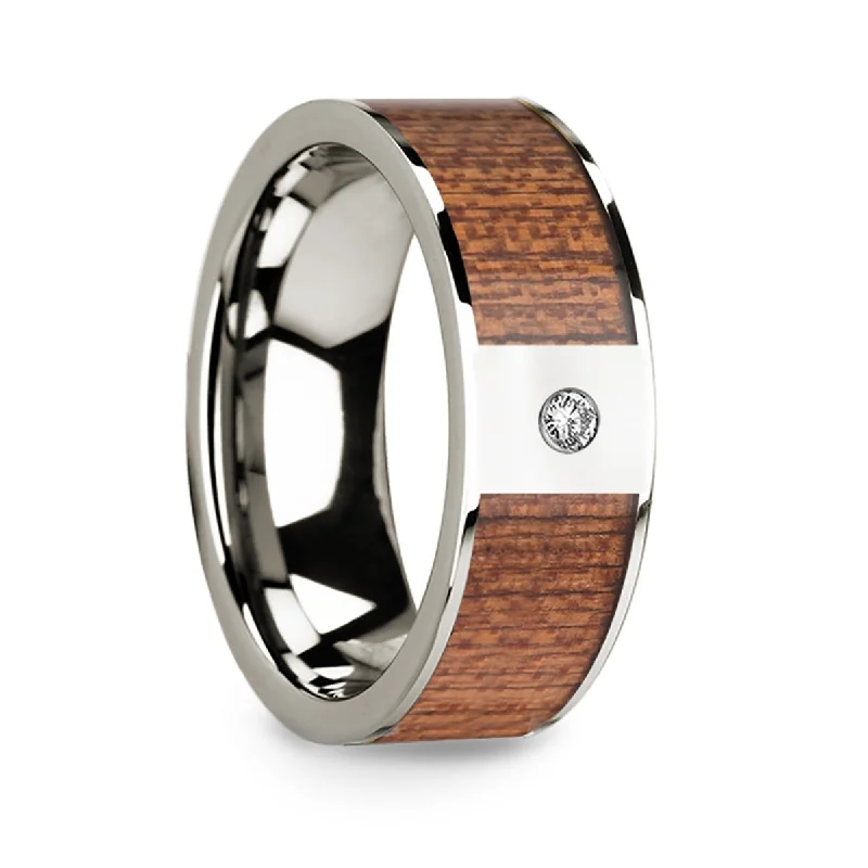 Women’s engagement rings with filigree design-14k White Gold Men's Wedding Band with Cherry Wood Inlay & Diamond