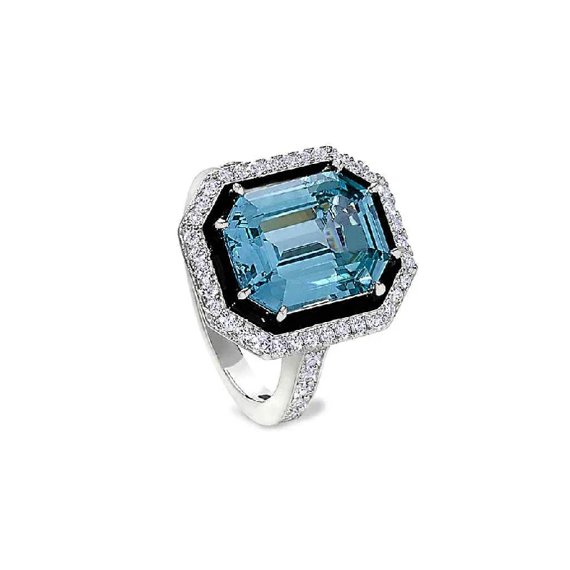 Women’s engagement rings with black diamonds-Black Enamel & Aqua Spinel Octagon Ring with Simulated Diamonds