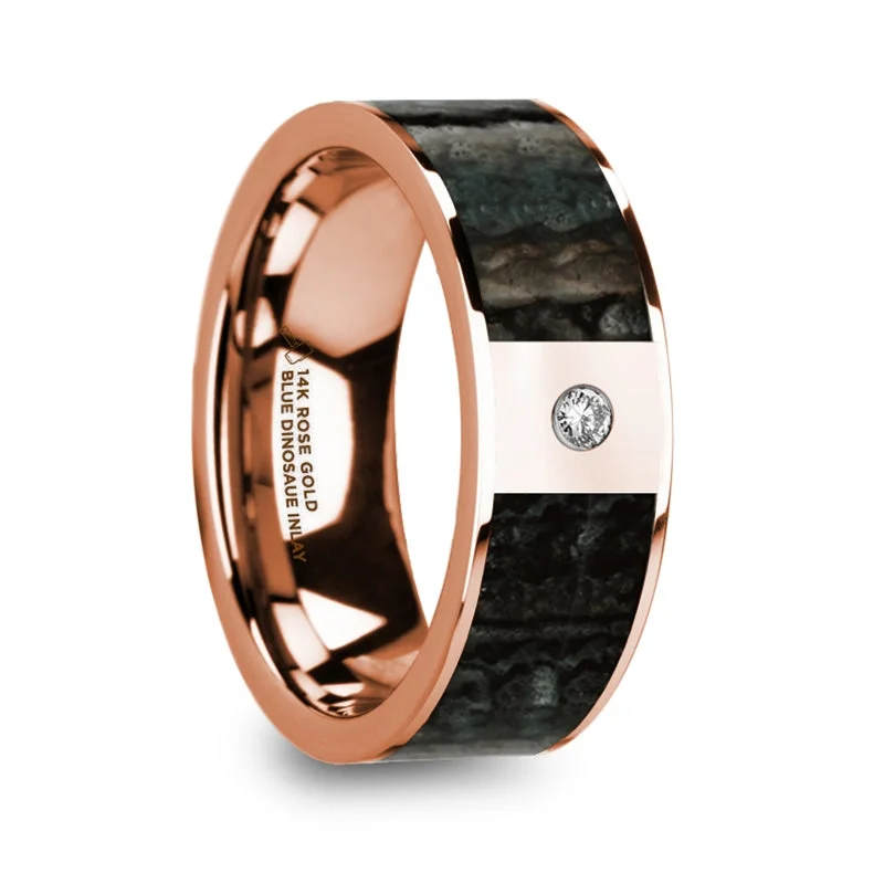 Women’s engagement rings with halo setting-14k Rose Gold Men's Wedding Band with Blue Dinosaur Bone Inlay & Diamond