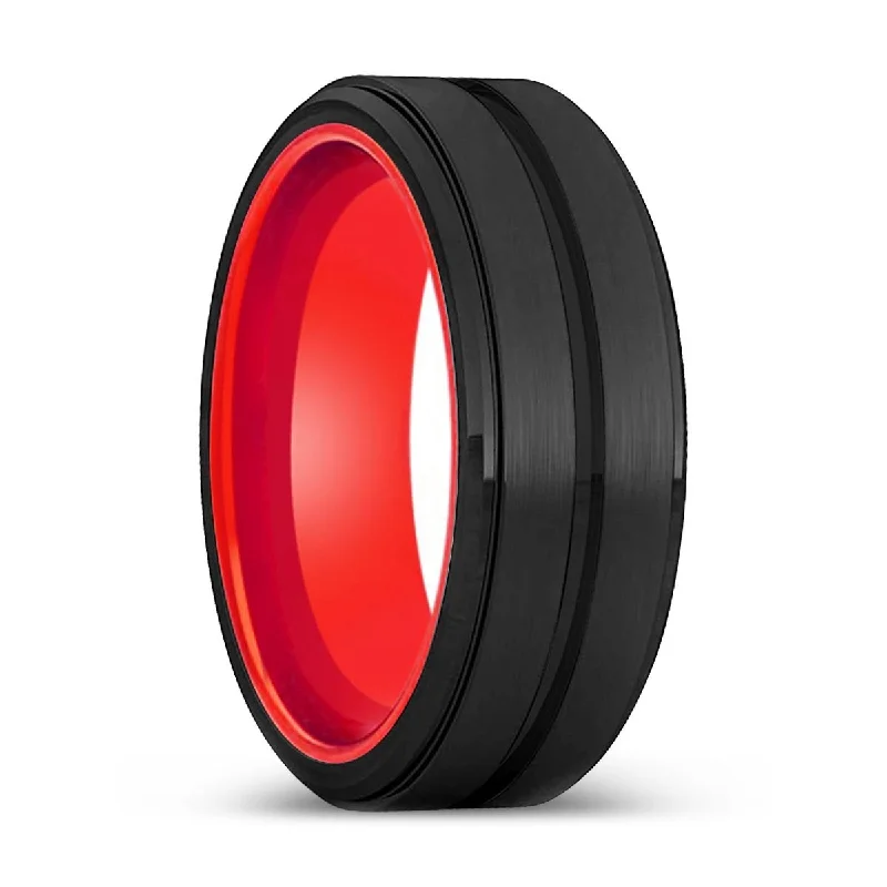 Women’s aquamarine ring-DOOMS | Red Ring, Black Tungsten Ring, Grooved, Stepped Edge