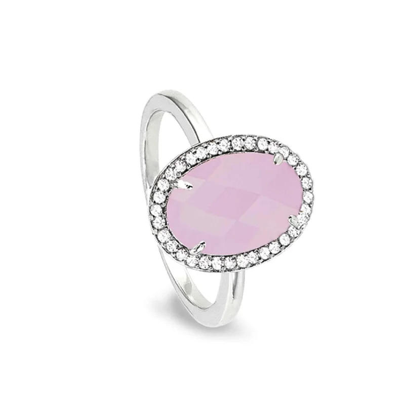 Women’s custom halo engagement rings-Facet Cut Rose Quartz Ring with Simulated Diamonds