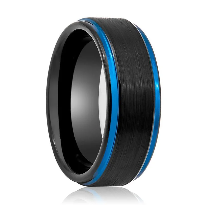 Women’s classic diamond ring-BLIGHT | Black Tungsten Ring, Blue Edges, Stepped Edge