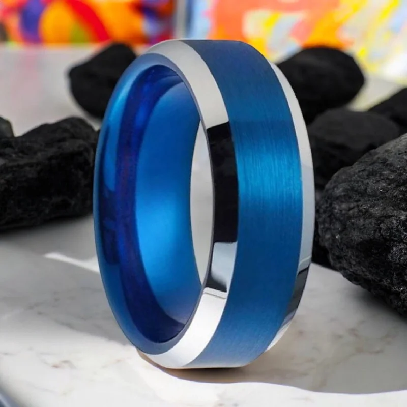 Women’s vintage-inspired ring-HYDRO | Blue Tungsten Ring, Brushed, Silver Beveled Edge