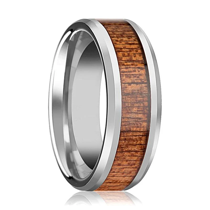 Women’s stacked diamond rings-CONGO | Silver Tungsten Ring, African Sapele Wood Inlay, Beveled